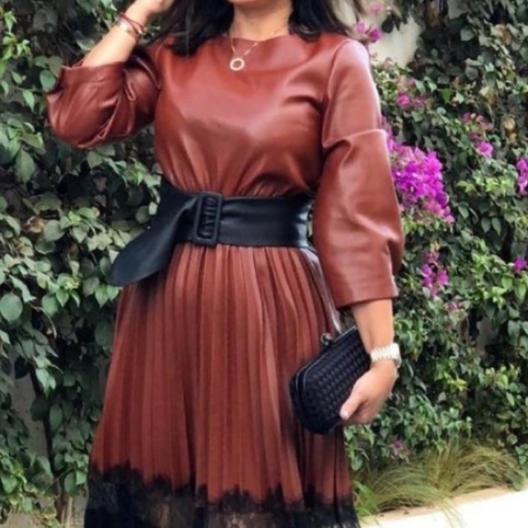 Mucha et Muchette NWT Dress Faux Leather Caramel Brown Black Medium Large - Picture 1 of 14